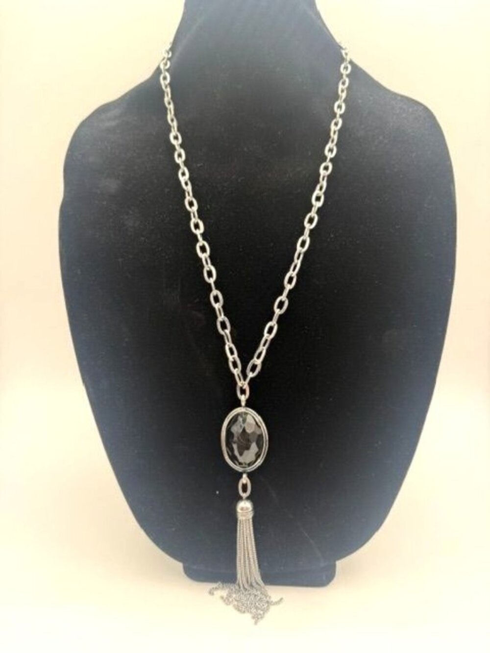 Silver Tone & Black Center Stone Oval Pendant w/ Tassel Adjustable Necklace